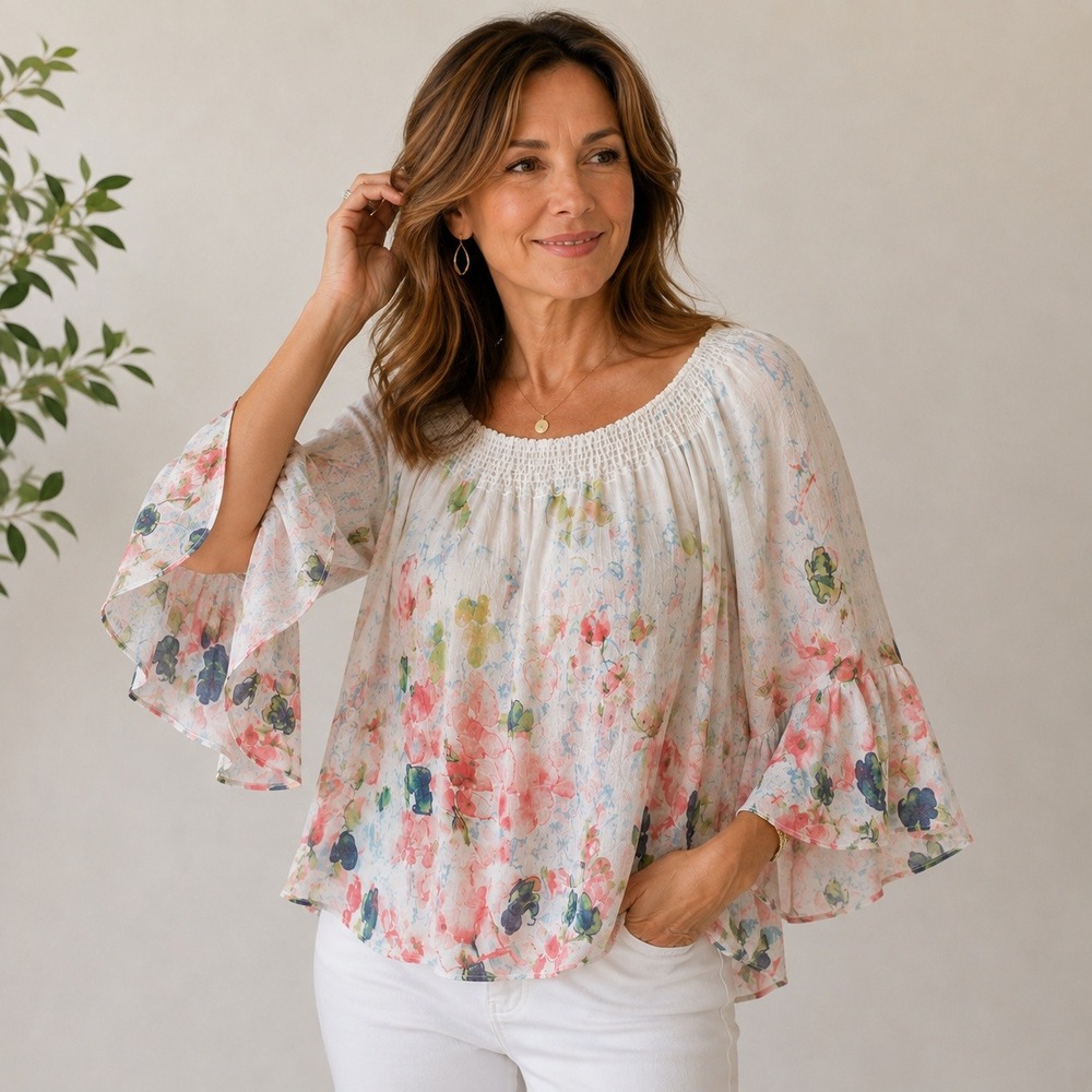 Zac & Rachel Woman Blouse 2X White Floral Smocked Bell Sleeve Watercolor Top